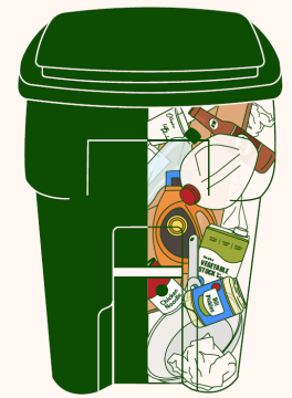 Drawing of what a full recycling cart with good recyclables could look like, full of plastic bottles, paper, and so on. 