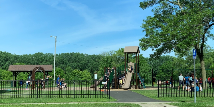 distant view of park with playground and shelter