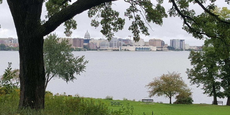 view of downtown Madison and Lake Monona 