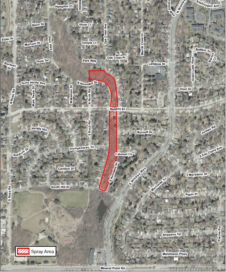 Map showing areas of the southern portion of the Glen Oak Hills park and the Kenosha Greenway shaded in red.  This signifies they will be part of the spongy moth spraying effort.